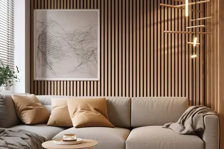 Living room feature wall in WPC louvers