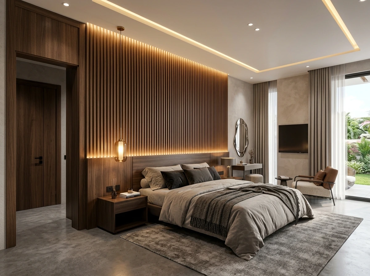 WPC wall panels in a bedroom