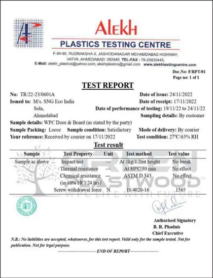 Test report: WPC door & board (mechanical), SNG Eco India Pvt. Ltd.