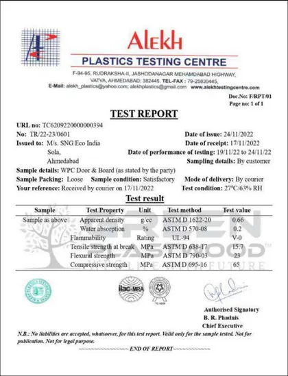 Test report: WPC door & board (physical), SNG Eco India Pvt. Ltd.