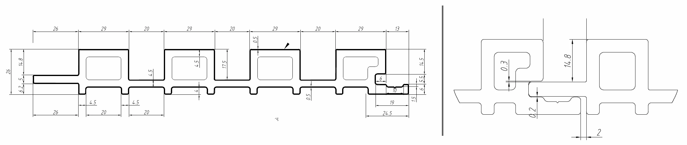 Section drawing of the exterior louver profile with dimensions