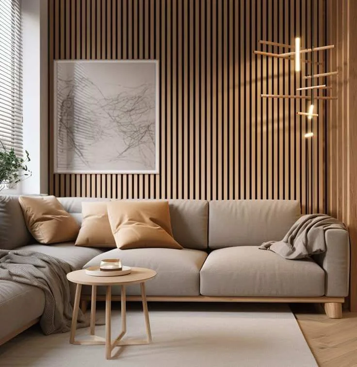 WPC louver wall behind a sofa in a living room
