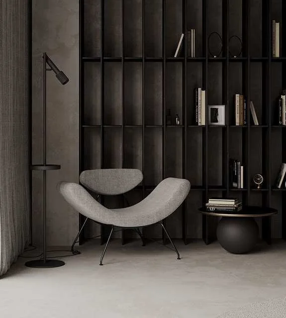 Louvers in a lounge with shelves