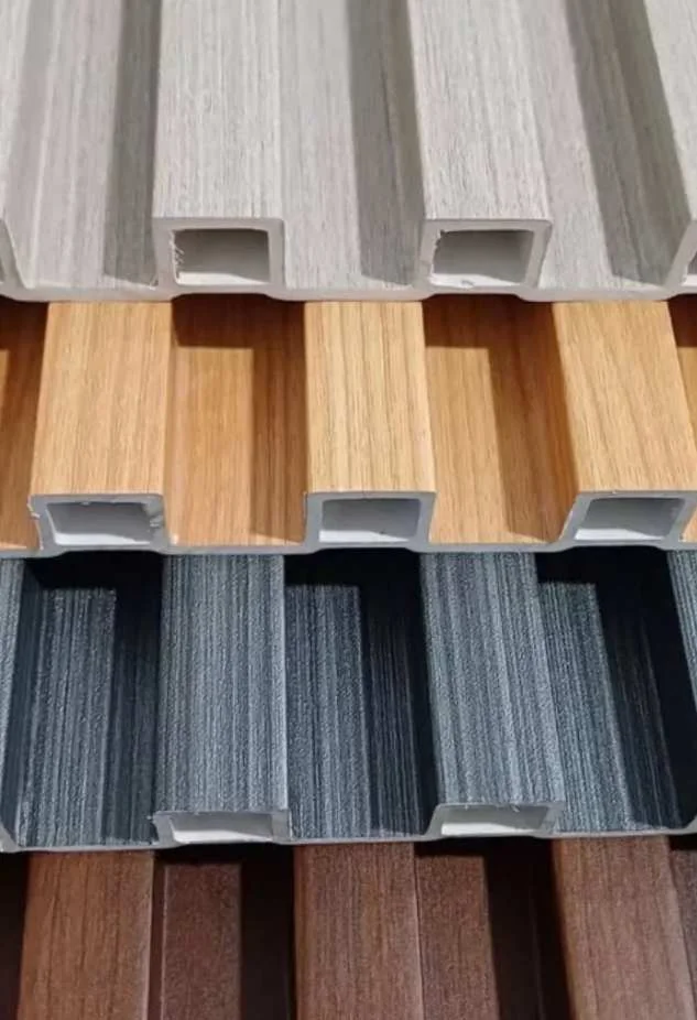 WPC louver profiles in grey, light wood, dark grey and brown