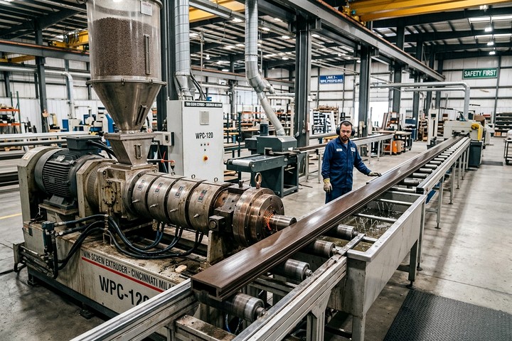 WPC extrusion line forming a profile