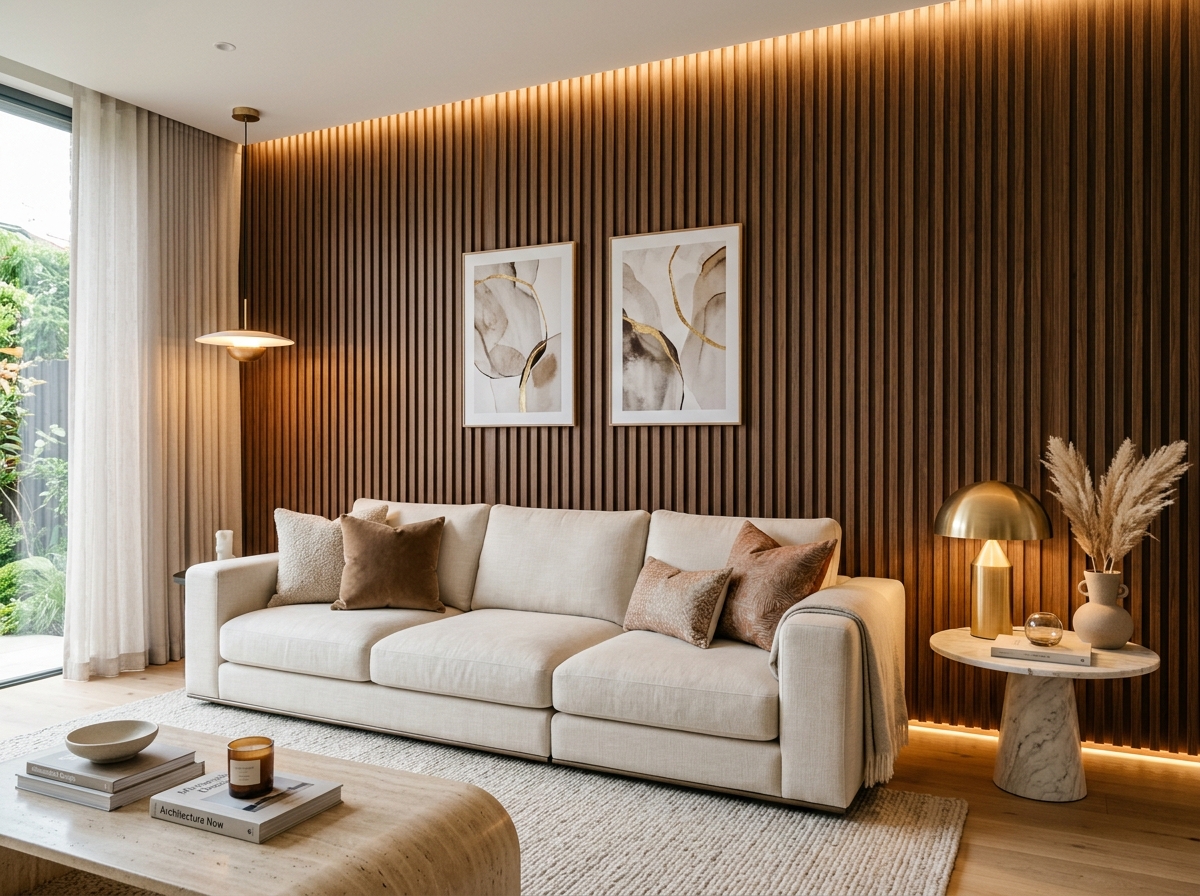 Living room wall finished in wood-tone WPC louvers