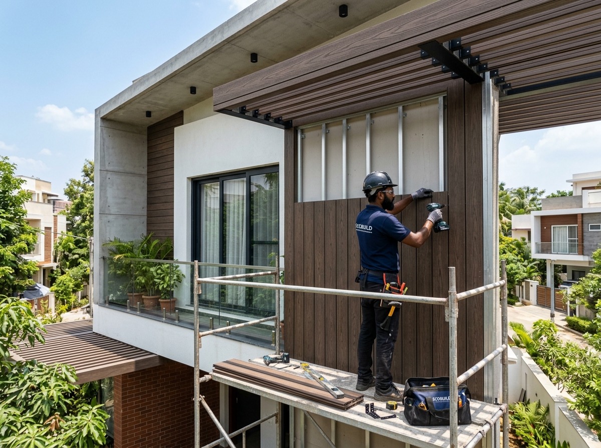 WPC cladding and pergola on a house exterior